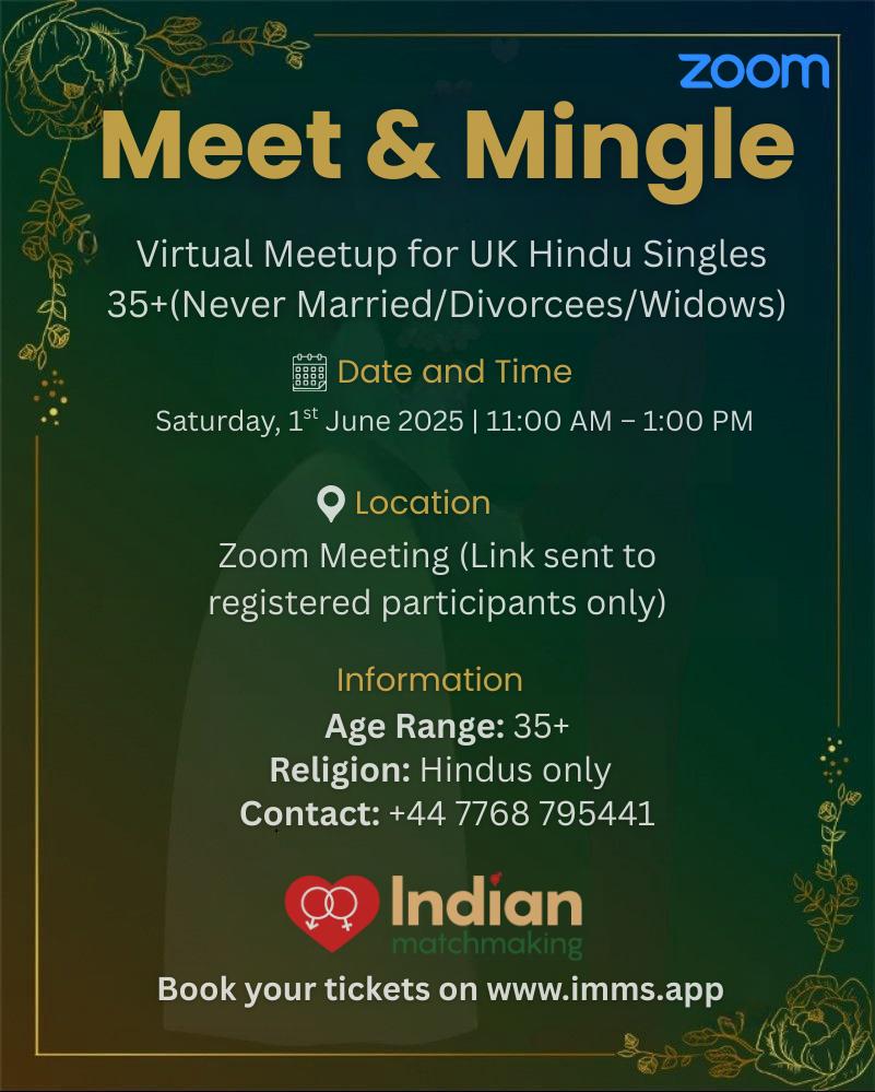 Zoom Meetup for UK Hindu Singles 35+(Never Married/Divorcees/Widows)